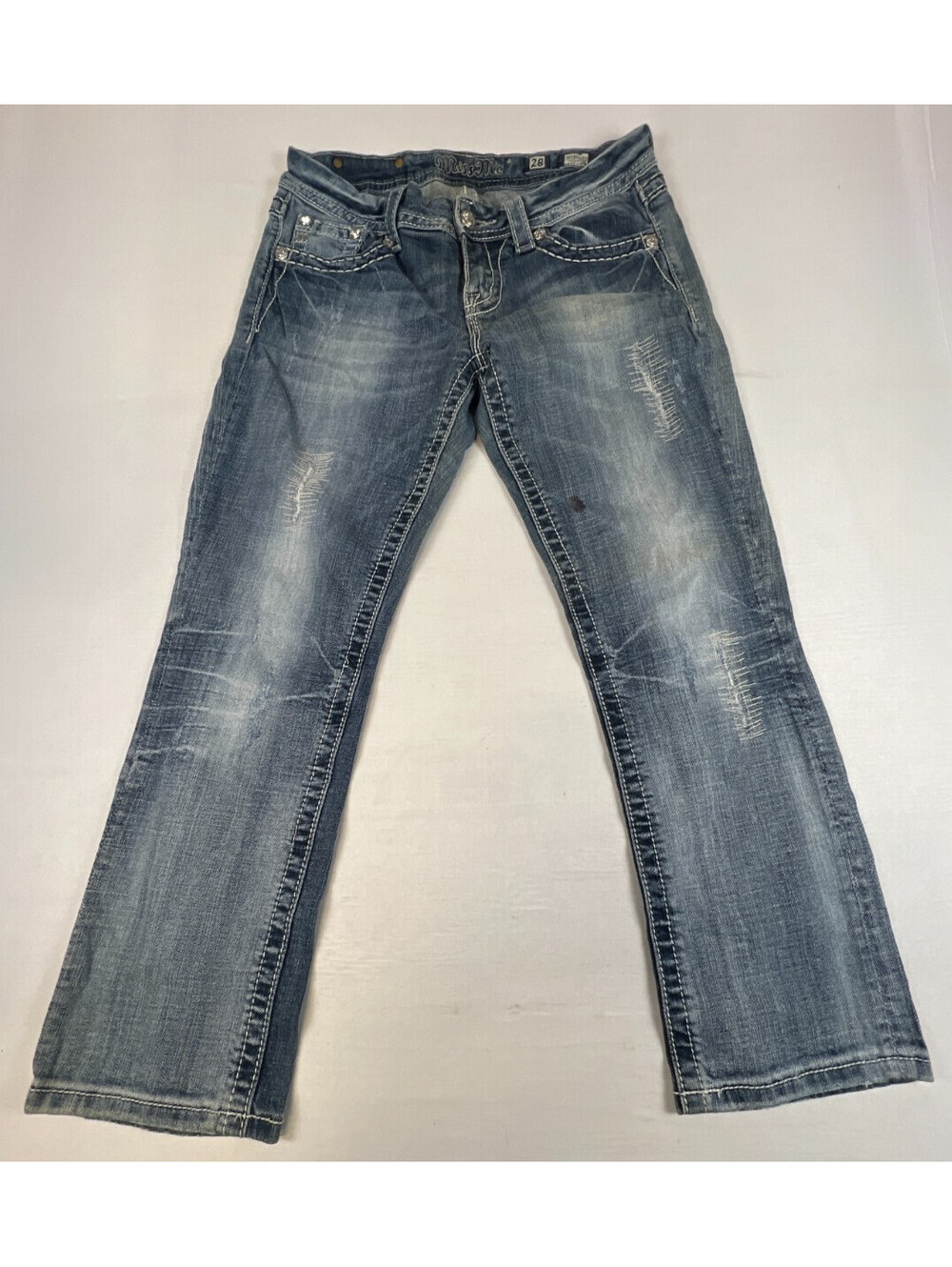 Miss Me Women 28 Easy Capri Jeans Blue Denim Rhinestone Cross Flap Pocket